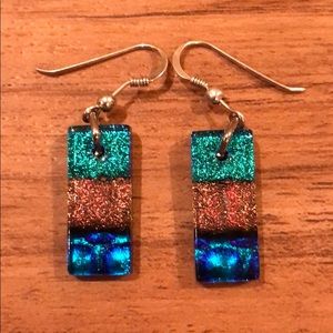 Artisan made dichroic glass dangle earrings